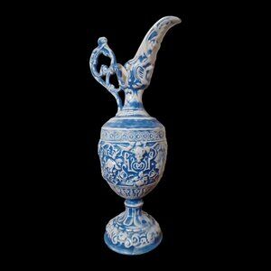 Vtg Blue & White Decorative Pitcher Vase 11.5" Glazed Ceramic Grapes Design